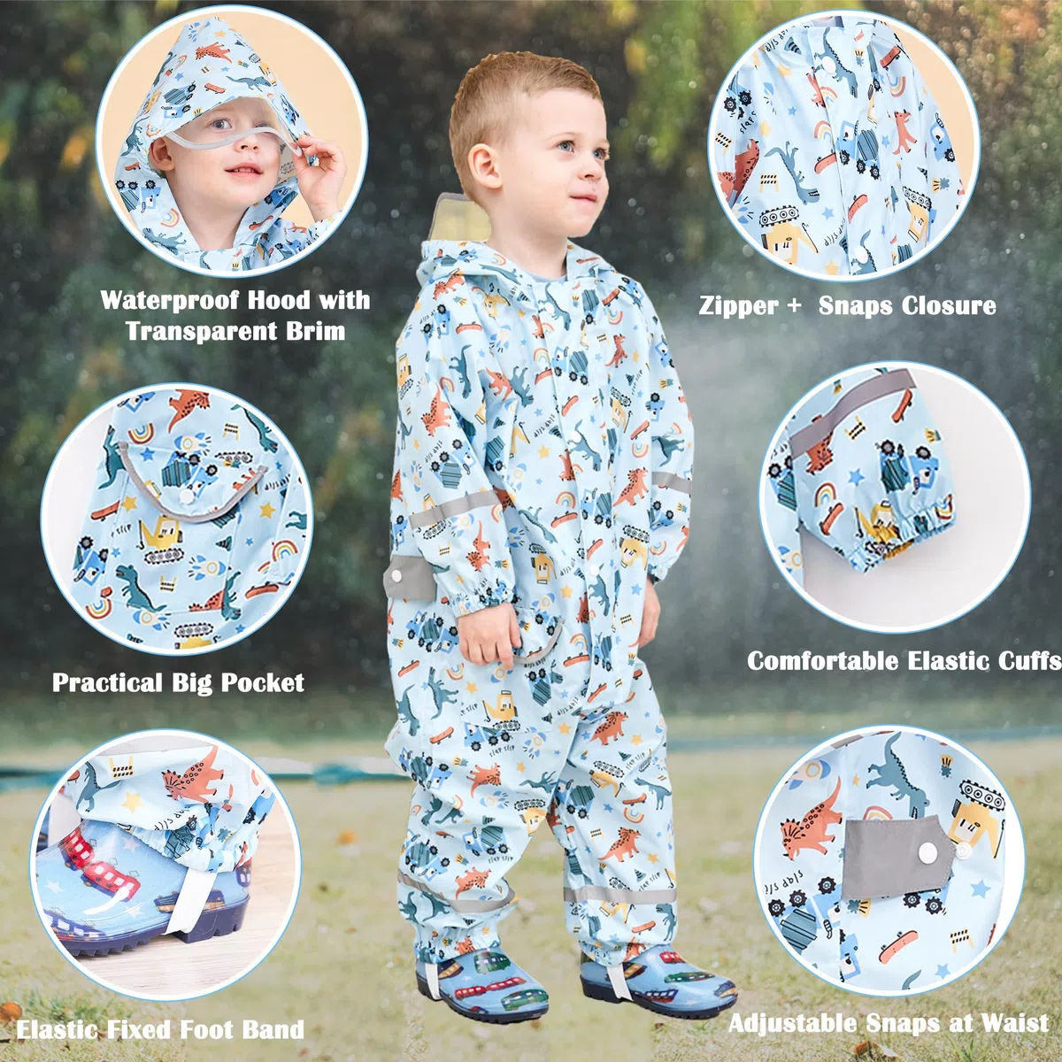 Fewlby Tuta Impermeabile Bambini Tuta Pioggia Bambina Antipioggia con Cappuccio Poncho Impermeabile Ragazze Ragazzi Giacche da Pioggia con Cappello Trasparente per 1-10 Anni