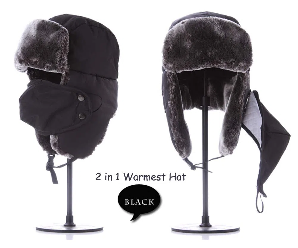 Cappello Invernale Unisex per Bambini dai 5 ai 15 Anni, Foderato in Pelliccia Termica con Aletta per Le Orecchie, Antivento, Copertura per la Bocca, Neve, Sci, Snowboard, Bomber, Bambino, Nero