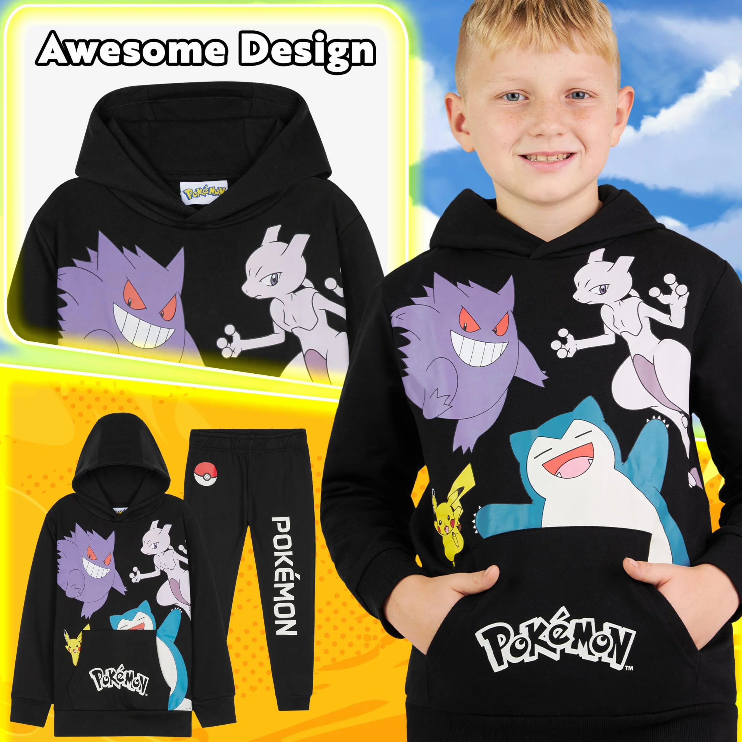 Pokémon Tuta Bambino e Adolescenti, 2 Pz Comodo Felpa con Cappuccio e Pantaloni Tuta Bambino, Anime Regalo Ragazzo