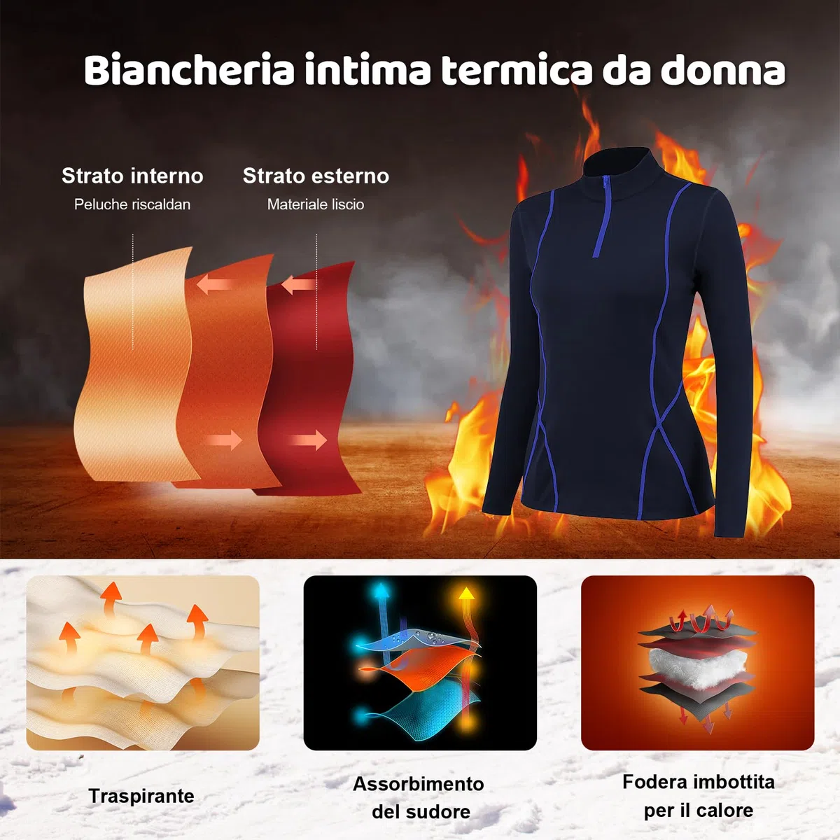 Intimo Termico Donna Invernale, Maglia Termica Donno Funzionale Pantaloni e Maglie con Cerniera, Tuta Termice Donne Set per Sci Corsa Palestra