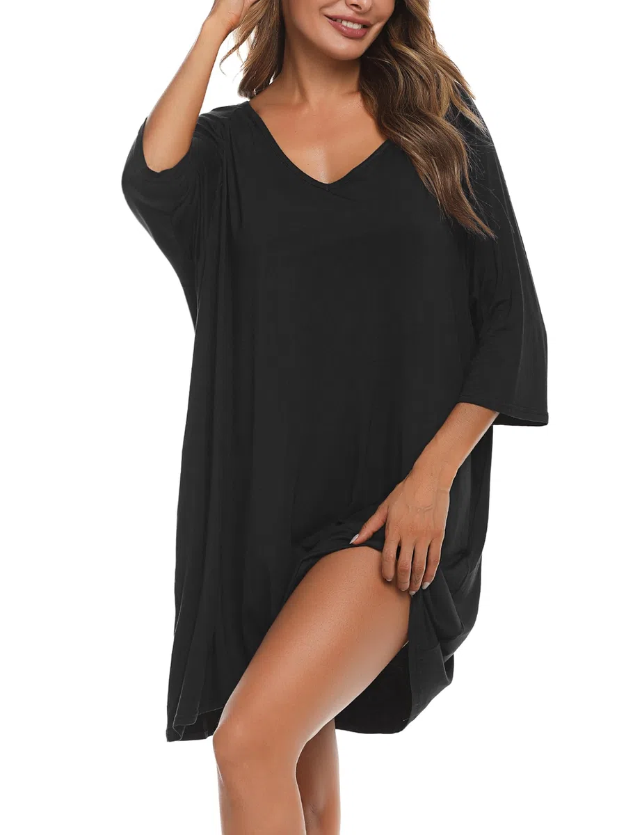 Bresdk Camicia da Notte Donna Cotone Modal Morbida Camicie da Notte Manica 3/4 Scollo a V Eleganti Taglie Forti Vestiti Premaman con Tasche