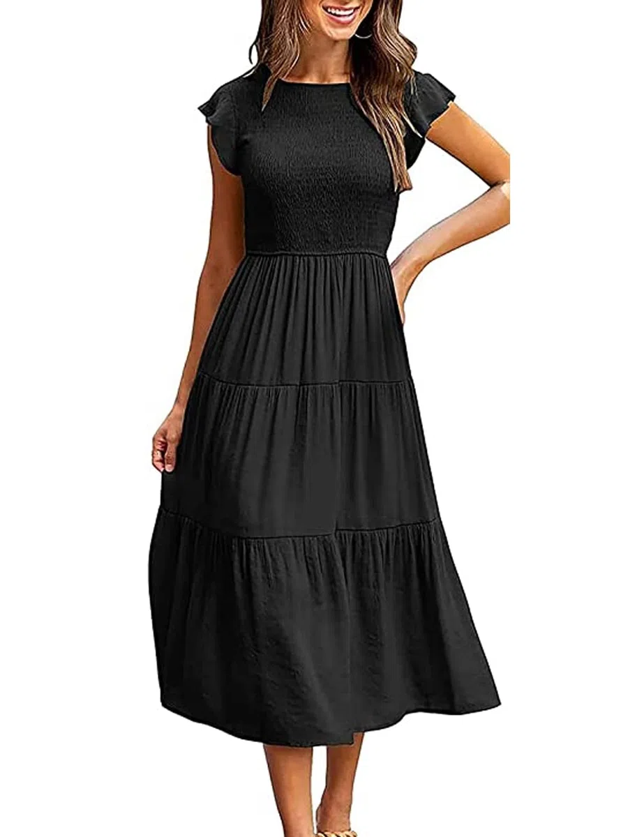 Yuson Girl Vestito Estivo Lungo Donna - Abito Estivo Lungo Collo Rotondo Ragazza con Manica a Volant Vestiti Casuale Eleganti Colori Solidi Abiti Estivi Donna Lunghi