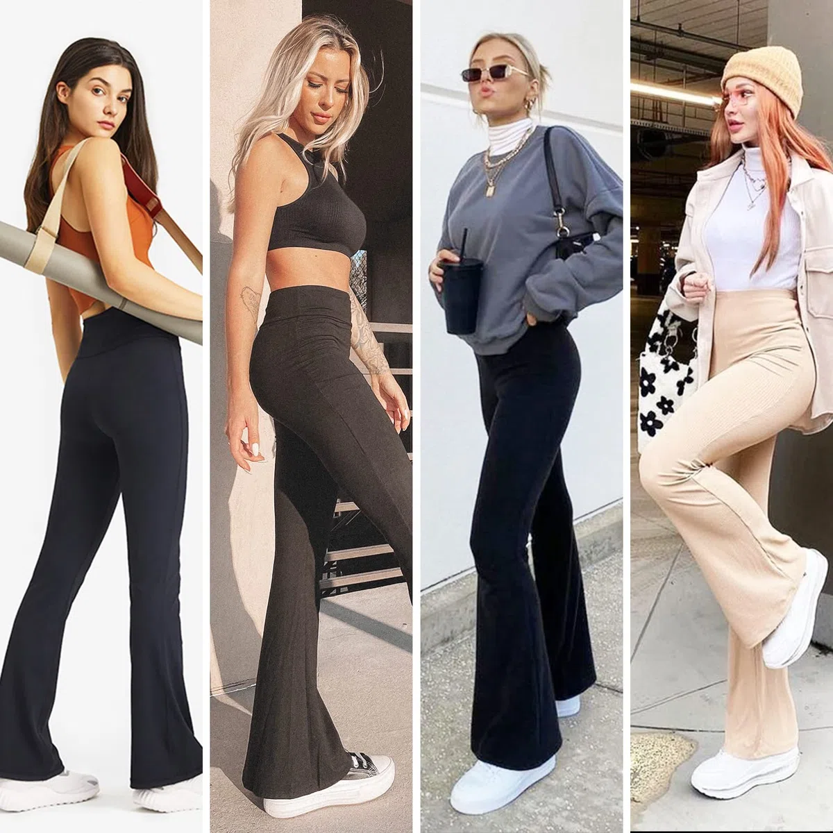 FuelMeFoot Flared Leggings da donna a vita alta, opachi, leggings sportivi lunghi con controllo della pancia, pantaloni da yoga, pantaloni da jogging da donna, colore nero, per palestra, pilates e uso