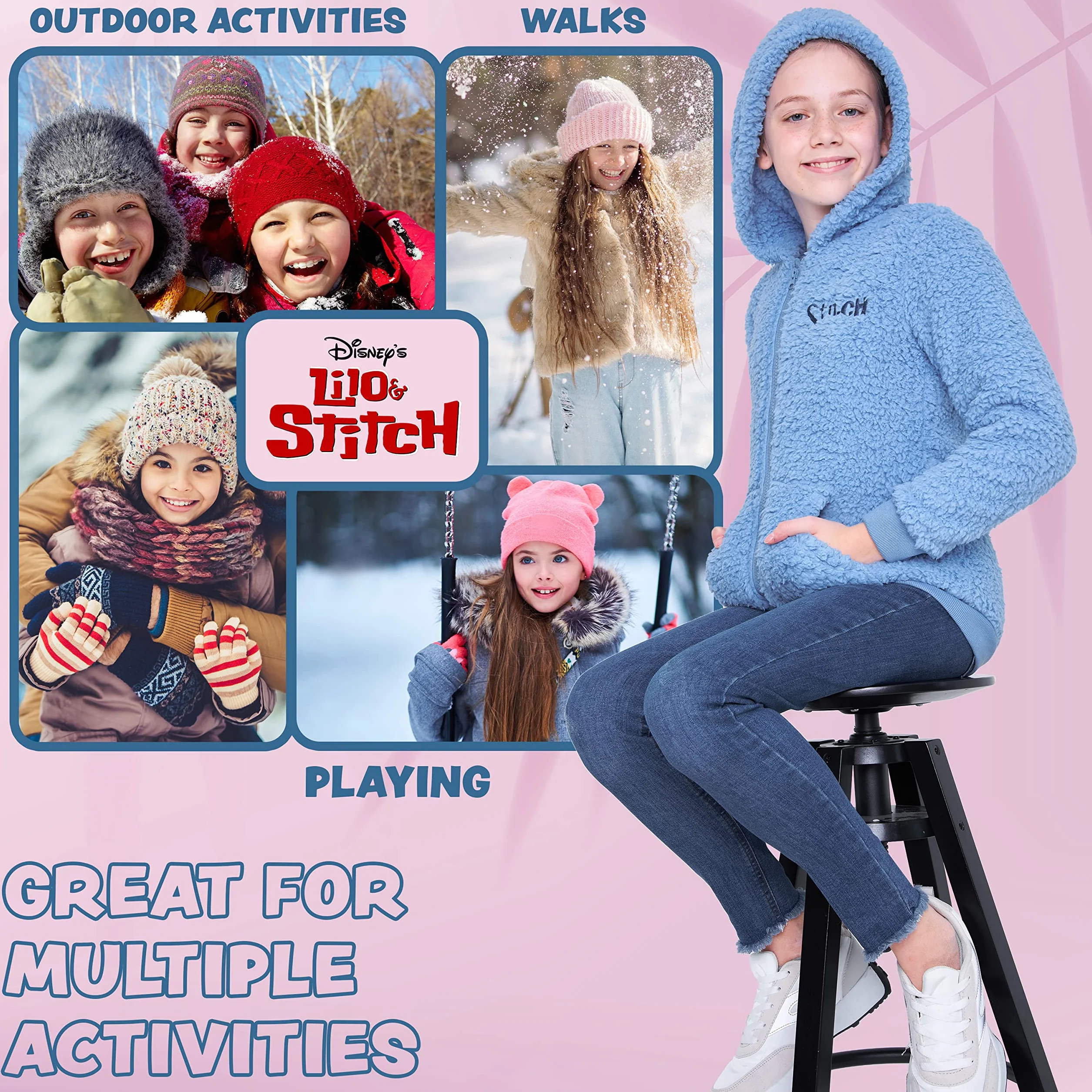 Disney Stitch Sherpa Hoodie for Girls, Zip Up Fleece Fluffy Hoodie for Kids Teens