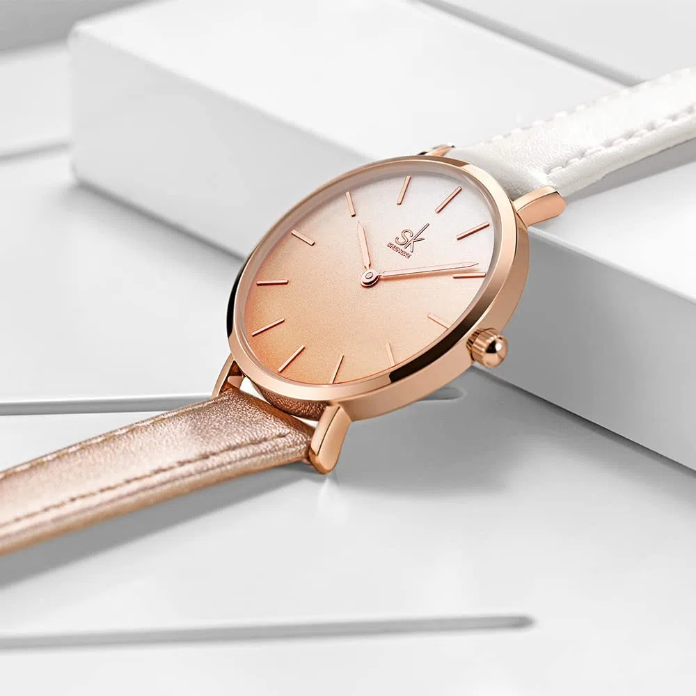 SHENGKE SK - Orologio da donna ultra sottile minialista, con cinturino in pelle, con due mani