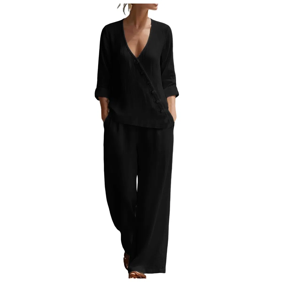 Completo Donna Elegante Lino Estiva Due Pezzi Tuta Completa Taglie Forti Tuta Tinta Unita 3/4 Blusa e Pantaloni Gamba Larga con Tasche Casual Completi Comodo Morbido Camicia Scollo a V Eleganti