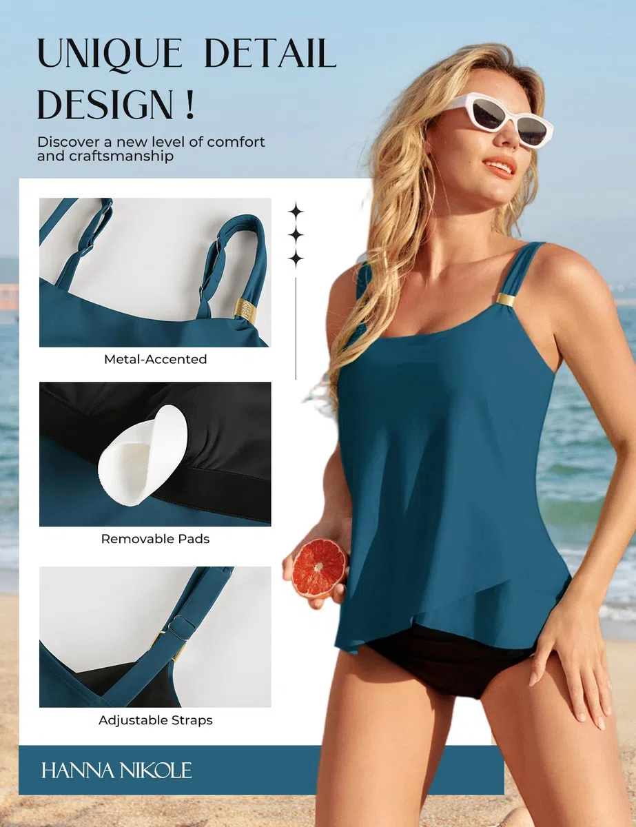 Hanna Nikole Tankini da donna con reggiseno integrato, a vita alta, con scollo a U, senza fondo