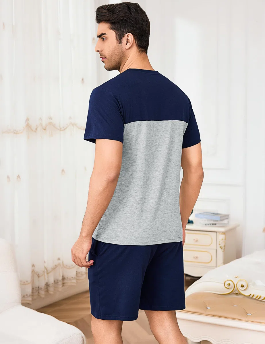 Bresdk Pigiama Uomo Estivo Cotone Pigiami Estivi Maniche Corte e Pantaloncini Due Pezzi Leggero e Morbido con Tasche