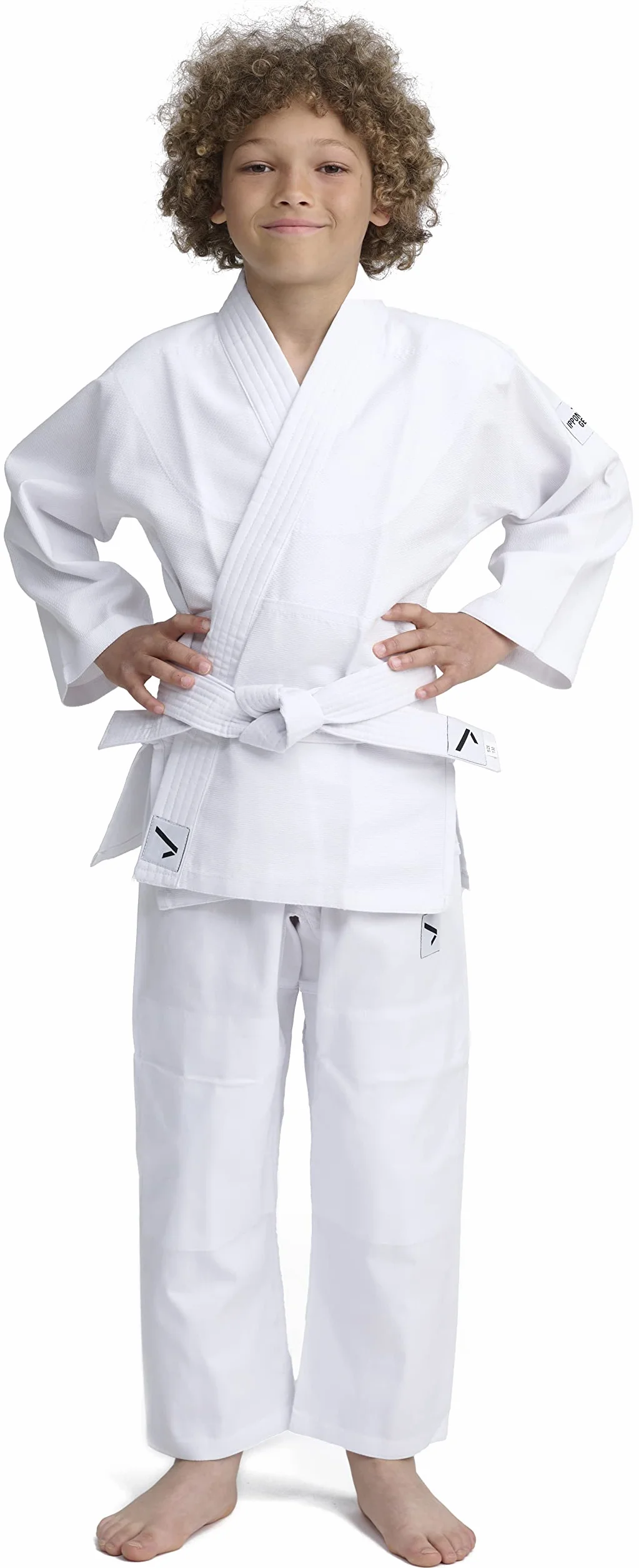 IPPONGEAR Tuta Judo Beginner 2 per Bambini con Cintura (Elastico in Vita e Coulisse sui Pantaloni, densità del Tessuto 190gr/m²) Bianco