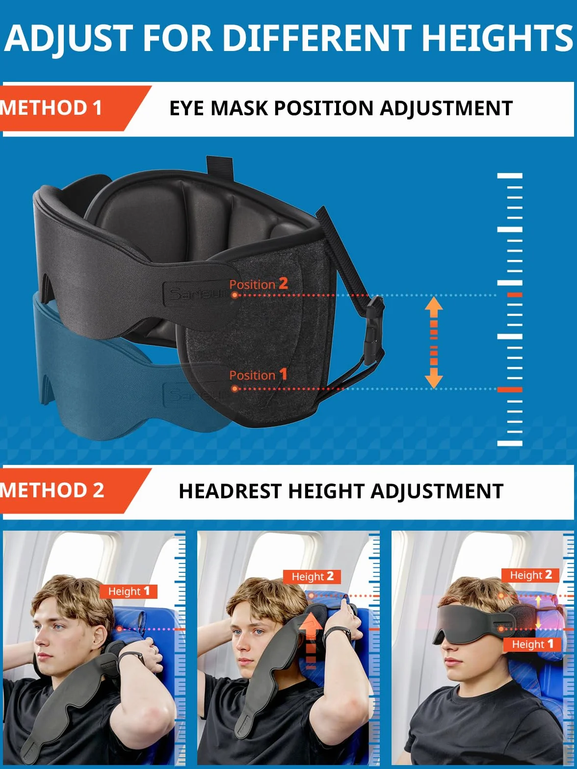 SARISUN Cuscino da viaggio, cuscino per aerei per voli lunghi, fascia per la testa per aerei con mascherina per dormire, poggiatesta con supporto a 360°, Stop Bobblehead, nero