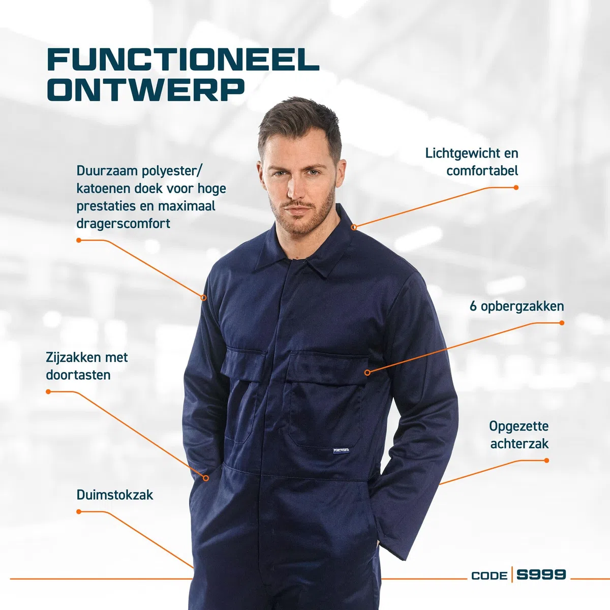 Portwest S999 Tuta Da Lavoro In Policotone Euro Workwear Per Uomo Blu Reale, L