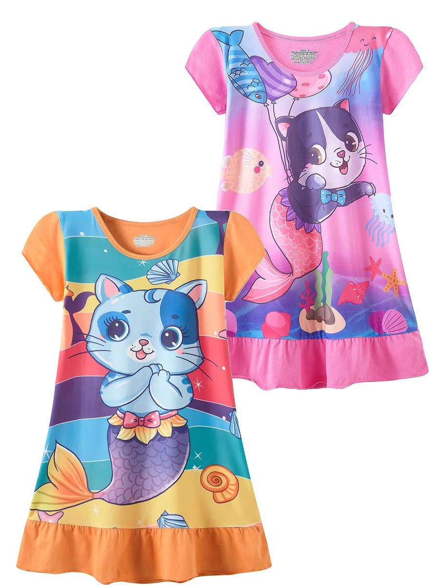 Camicie da notte da bambina, confezione da 2 pezzi, a maniche lunghe, a maniche corte, in cotone, per bambine 2-9 anni