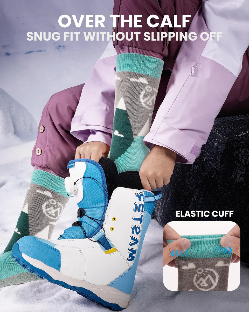 OutdoorMaster 2 Paia Lana Merino Calze da Sci per bambini, Calze Invernali da Snowboard Traspiranti per Ragazze/Ragazzi per Sport All'aria aperta con Sopra il Polpaccio Design/Polsini Antiscivolo