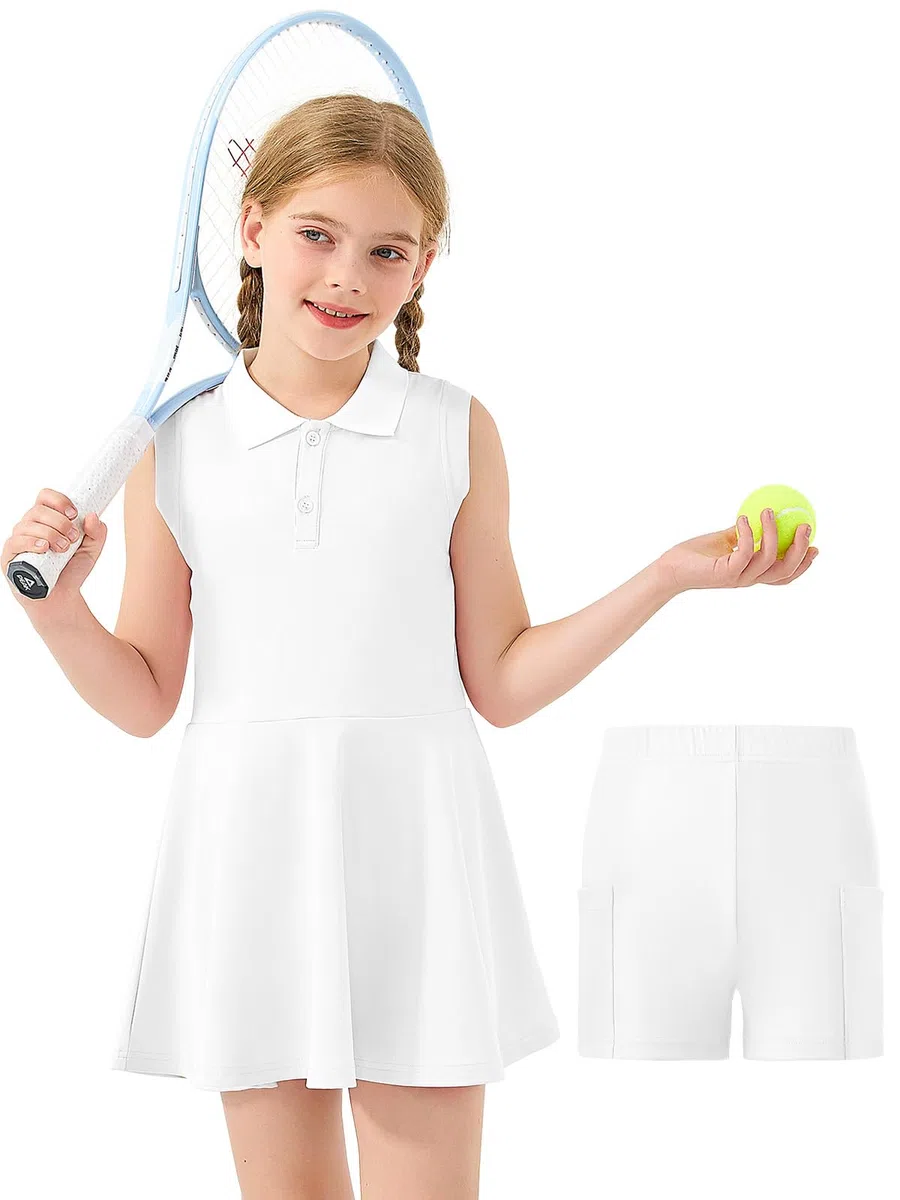 Vestito da Tennis per Bambina con Pantaloncini Abito Ragazze Sportivo Senza Maniche Polo Golf Dress con 2 Tasche 5-15 Anni