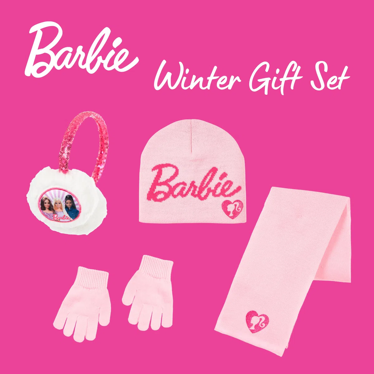 Barbie Cappello, Sciarpa, Guanti e Paraorecchie per Ragazze, Berretto Invernale per Bambina Design Scintillante, Regalo per Bambine