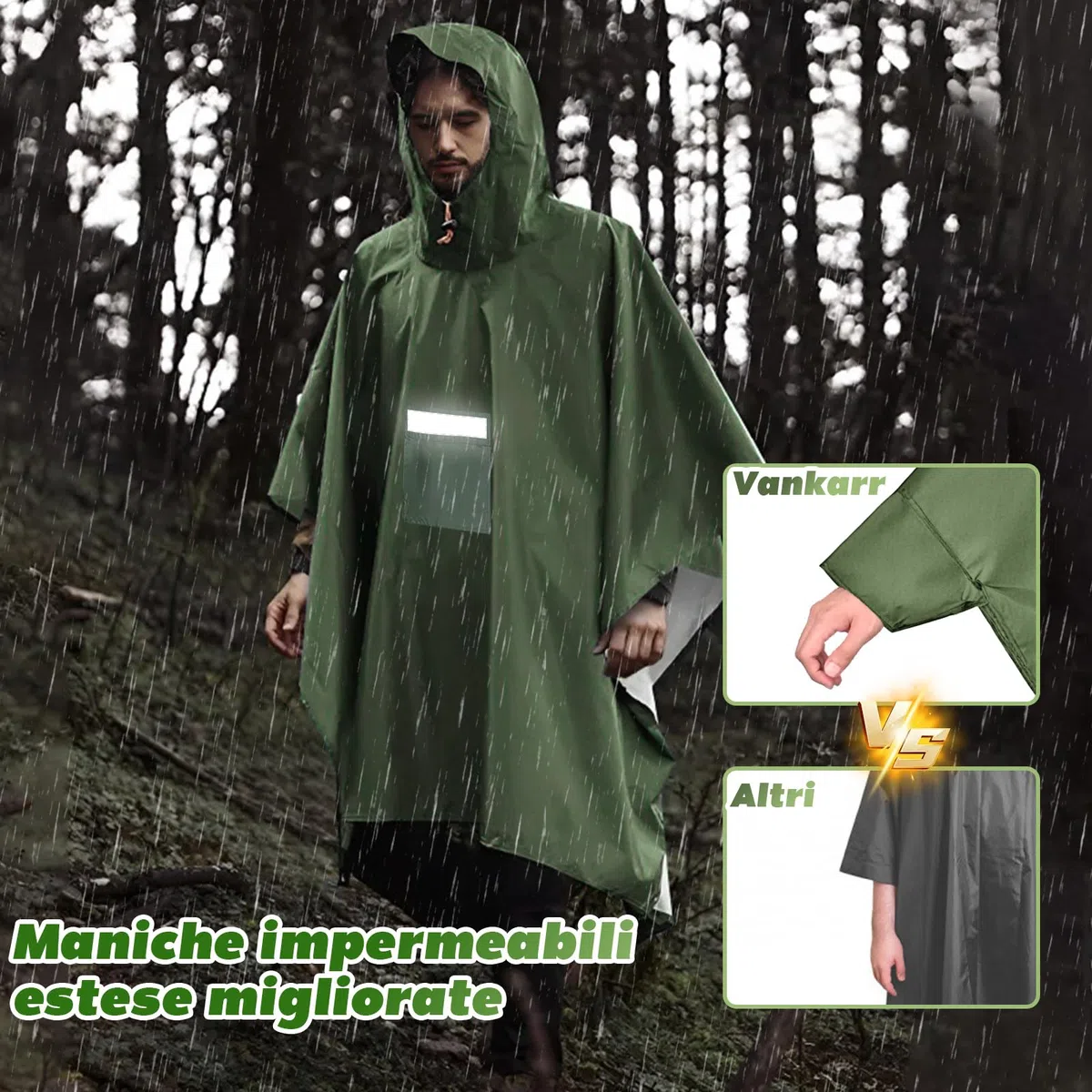 Poncho Antipioggia Impermeabile con Maniche Tasca e Riflettore Mantella Antipioggia per Adulti Unisex Portatile Poncho Pioggia per Uomo Donna Trekking Campeggio