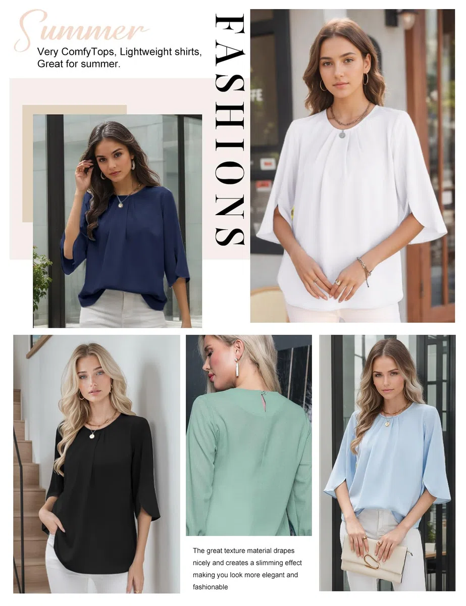 Camicia Donna Elegante Manica a 3/4 Top Blusa a Girocollo in Chiffon Casual Camicetta Estiva Tinta Unita Manicotto Split Maglietta da Lavoro