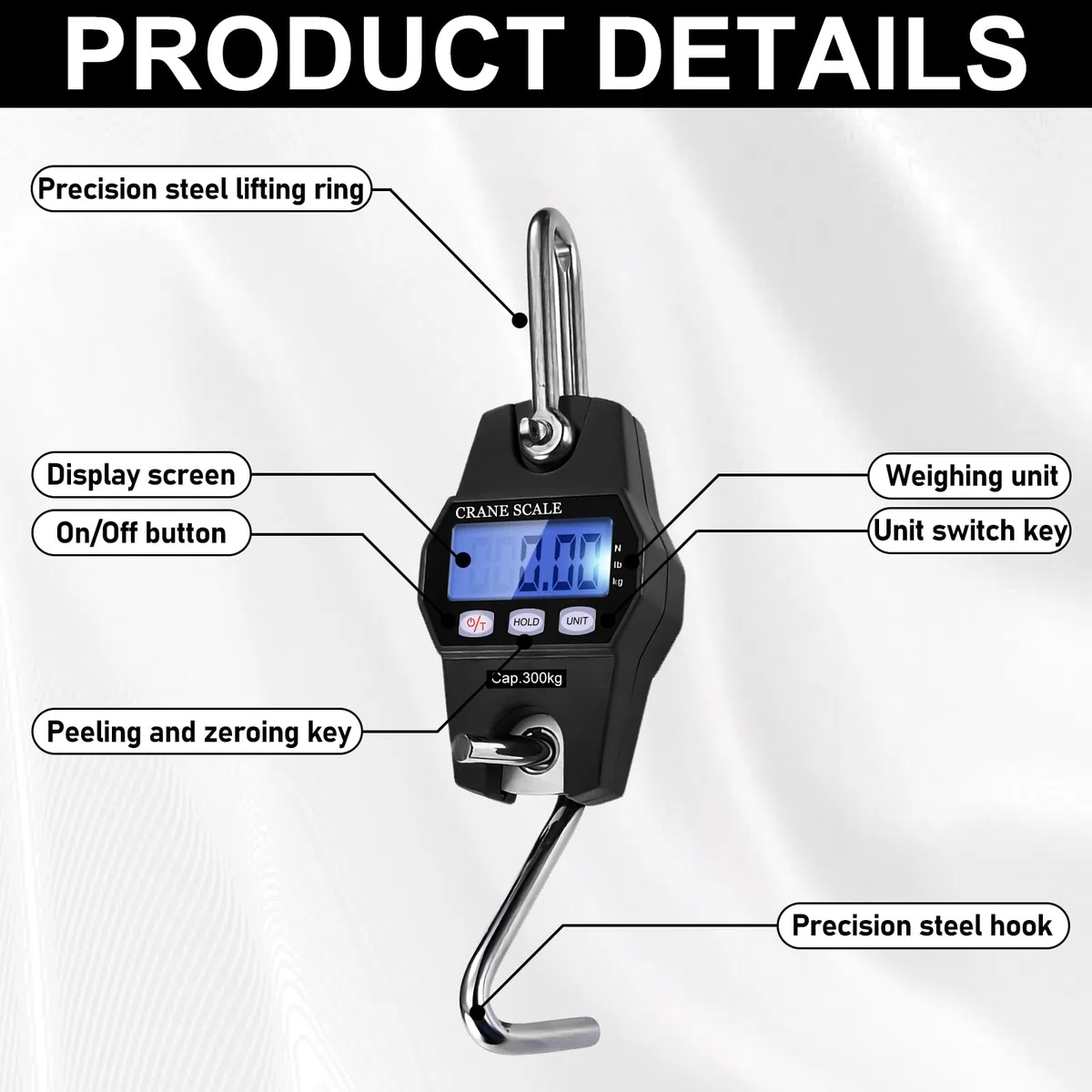Bilancia sospesa, portatile, digitale, 300 kg, bilancia digitale con gancio, bilancia elettronica con display LCD e sensore a molla di ricarica preciso per viaggi, vita familiare, valigia, pesca (nero