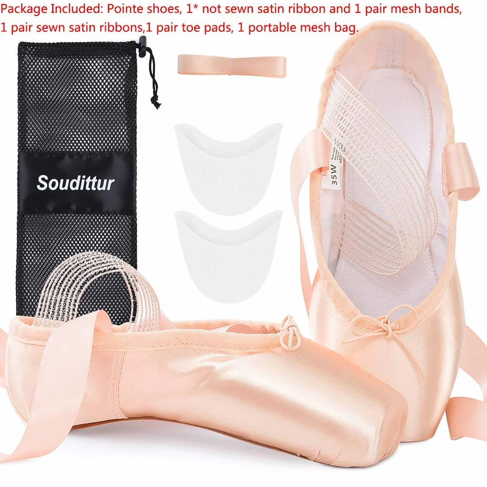 Soudittur Scarpette da Danza Classica Punte Pointe Balletto Scarpe da Ballo Comprende Scarpette salvapunte e Nastri per Donna e Ragazza S003 (Suggerisci Seleziona Una Taglia più Grande)
