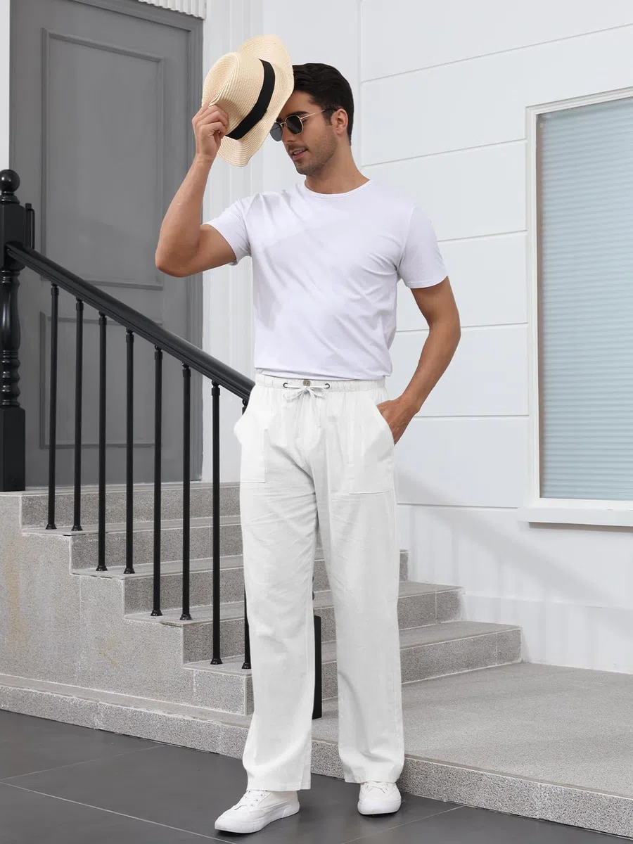 Pantaloni Uomo Estivi Pantaloni in Lino Pantaloni Uomo Estivi Leggeri Pantalone Larghi per Il Tempo Libero con Tasche, Elastico in Vita e Coulisse