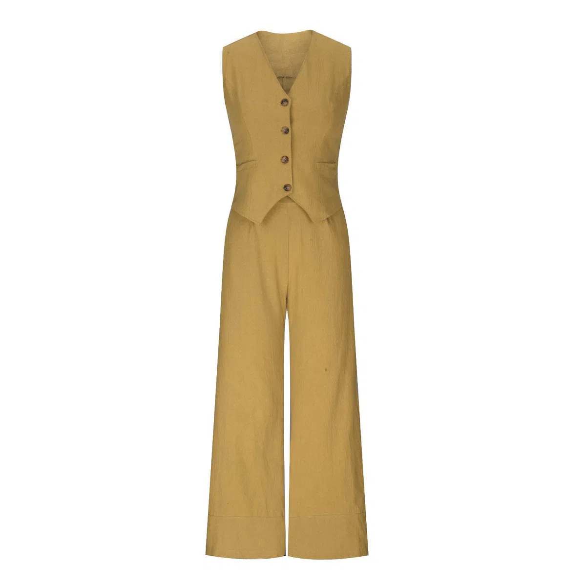 Mrat Set completo da donna con gilet e pantaloni, in cotone e lino, set completo, 2 pezzi, senza maniche, scollo a V, con bottoni, pantaloni a gamba larga, 2 pezzi, giacca per lavoro, ufficio