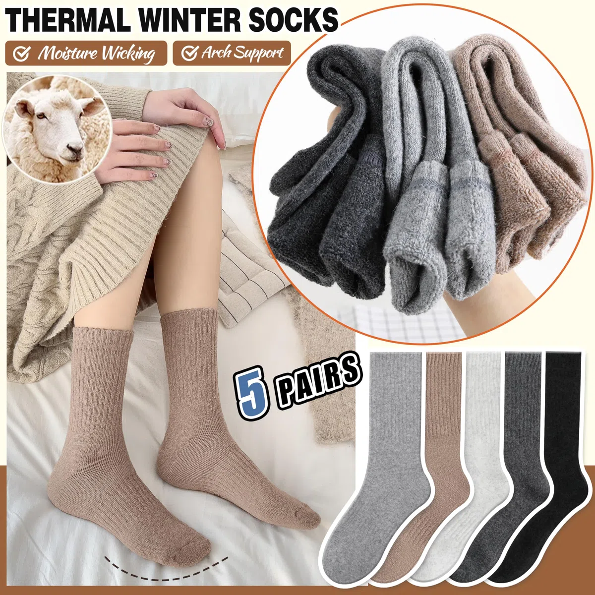 EBMORE Calzini donna in lana merino, calze termhiche invernali spugna lavoro caldo per trekking regalo donna 5 paia