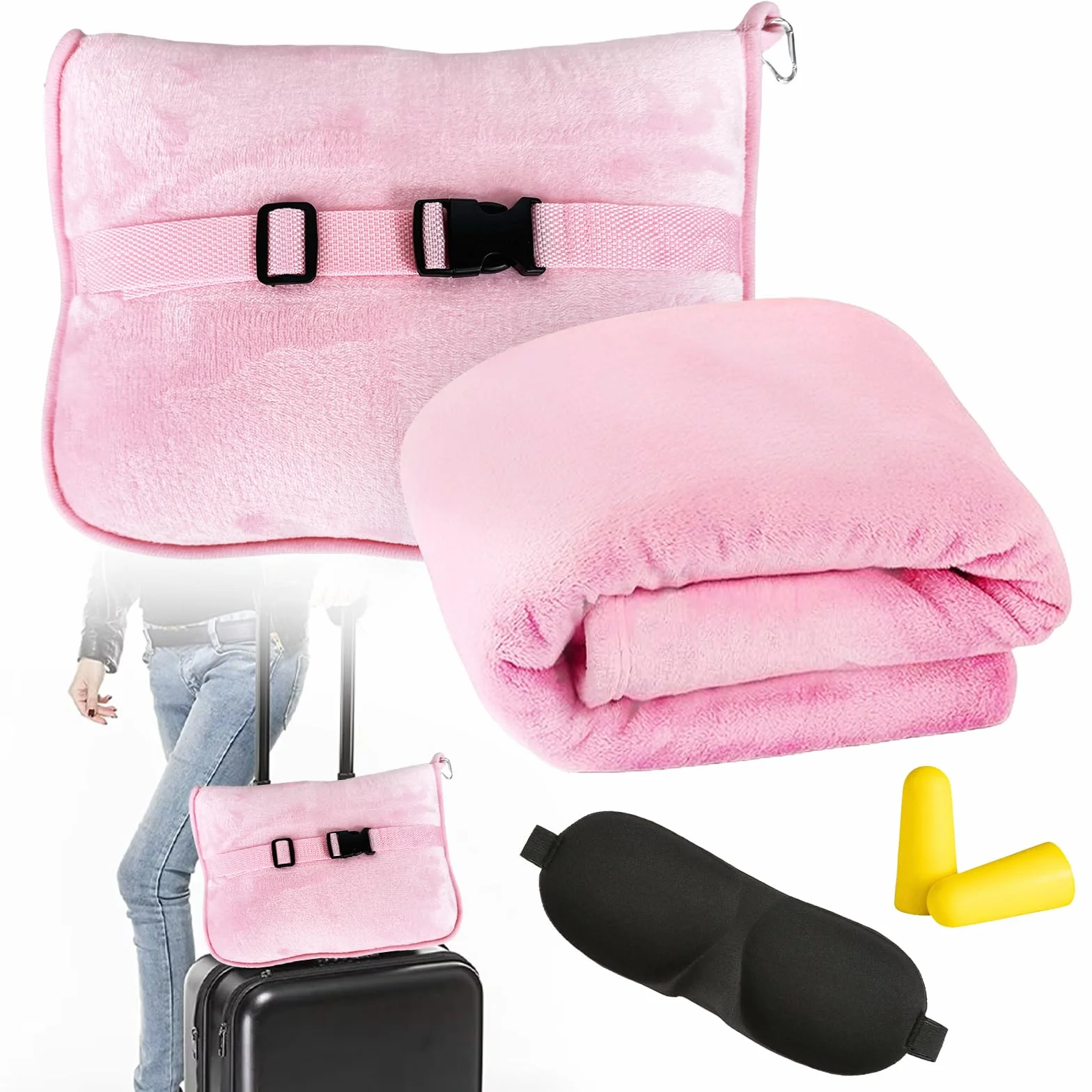 HOSPAOP Coperta da viaggio aeroplano, cuscino da viaggio 2 in 1, coperta portatile per aeromobili (127 x 152 cm) con maschera per dormire e tappi per le orecchie, cuscino da viaggio per viaggi, treno