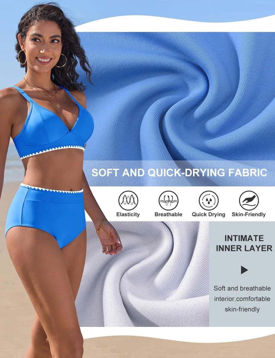 Costume Donna Due Pezzi Vita Alta Costumi da Bagno Push Up Sexy Bikini Mare Imbottito Reggiseno con Pizzo Bianco