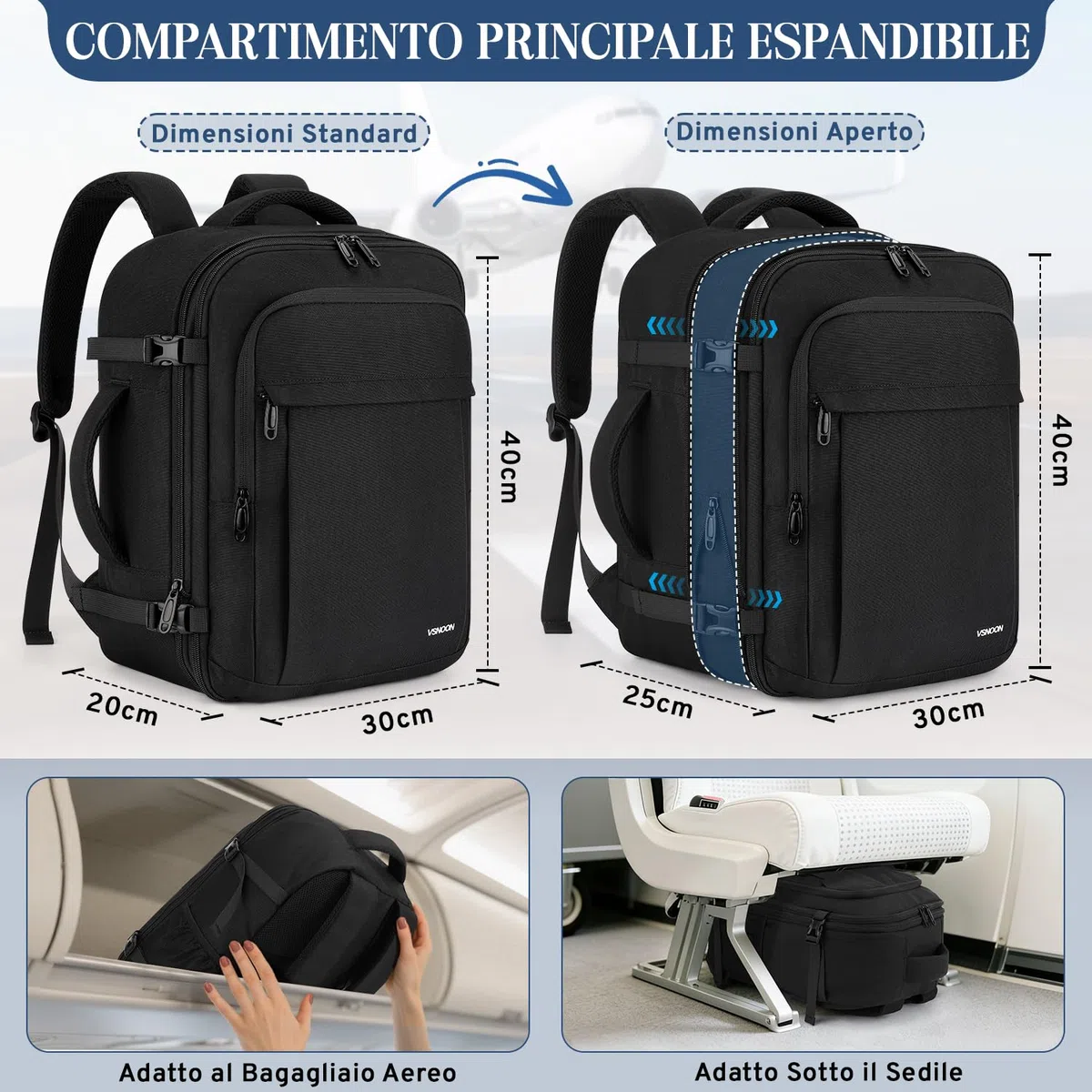 VSNOON Zaino da Viaggio, Estendibile Zaino Ryanair 40x30x20 24L a 30L con Tasca Umida, Impermeabile Bagaglio a Mano 40x30x20, Zaino Ryanair per PC Portatile 15" per ITA Airways Ryanair & EasyJet, Nero