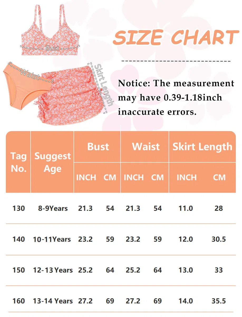 Happy Cherry Ragazze Costume da Bagno 3 Pezzi Bikini Top con Coprire Gonna da Spiaggia Bambina Nuoto Costume Surf Costumi da Bagno Stampa Floreale 8-14 Anni