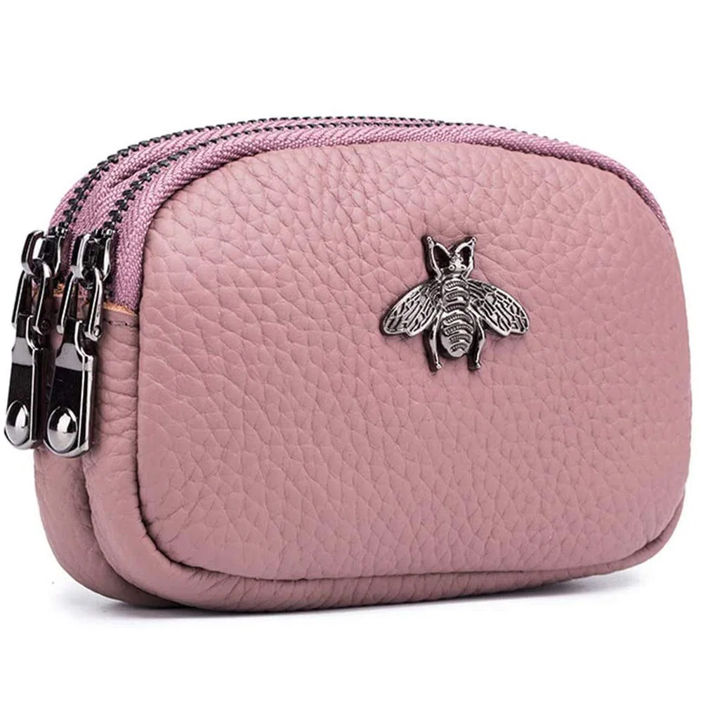 Portamonete da donna in vera pelle - Doppia cerniera Bee Change Pouch Portafoglio Porta carte Portamonete Mini Semplice portamonete carino