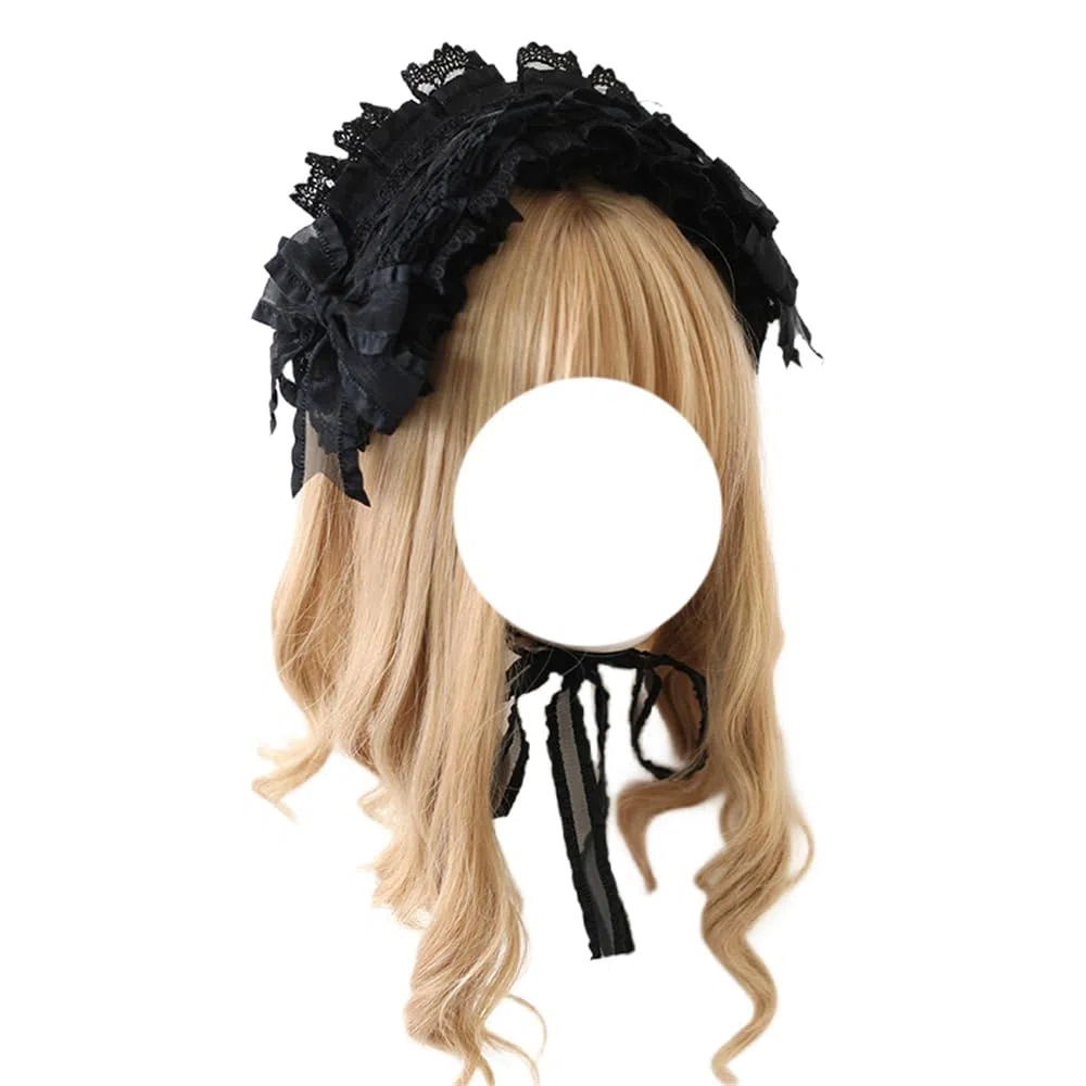 Forcina alla moda Copricapo Lolita nero Donna Ragazza Fiocco in pizzo gotico Accessori for capelli Copricapo da cameriera for feste in maschera Cosplay