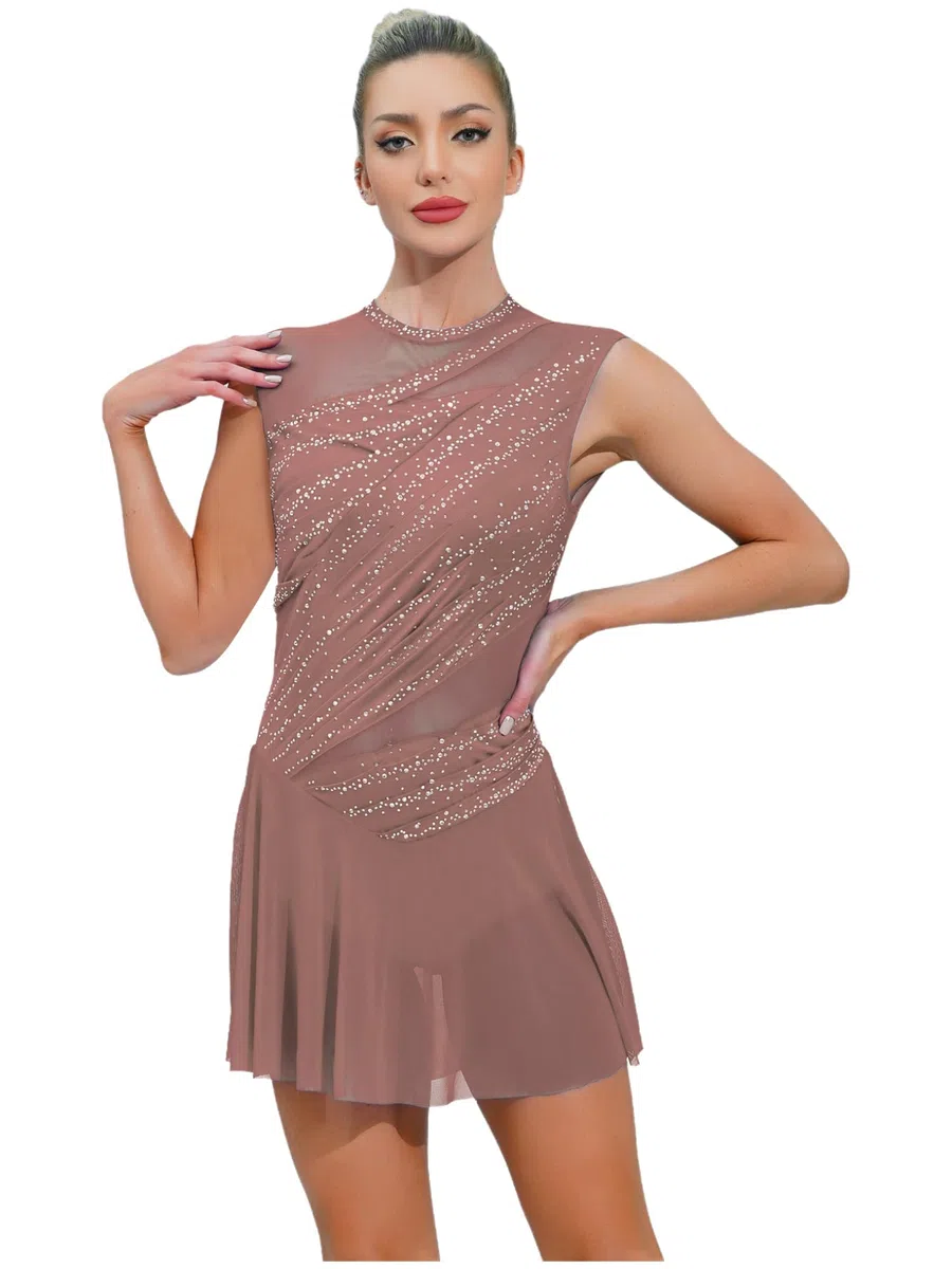 Oyolan Vestito da donna Pattinaggio Artistico Body Ginnastica Danza Strass senza maniche Vestito Danza Contemporanea S-XXL