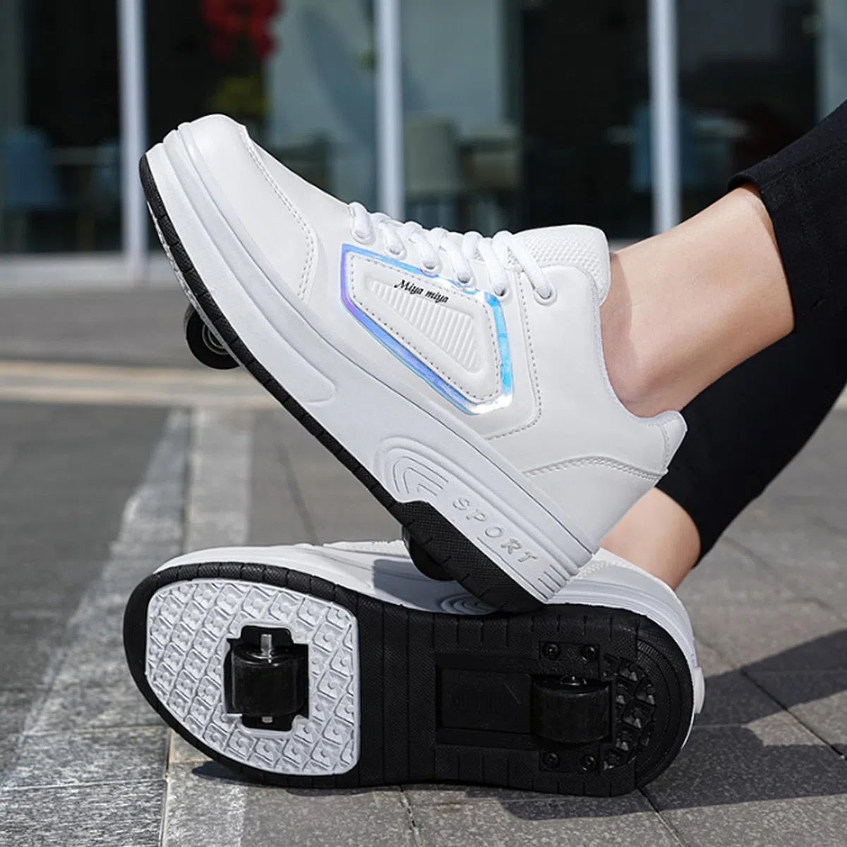 Hixingo Scarpe con Rotelle per Ragazzi Ragazze, Bambino 2 in 1 Scarpe da Skateboard Sneakers Sportive con Ruote Maglia Traspirante Scarpe Ginnastica Pattini a Rotelle Bianco, Nero
