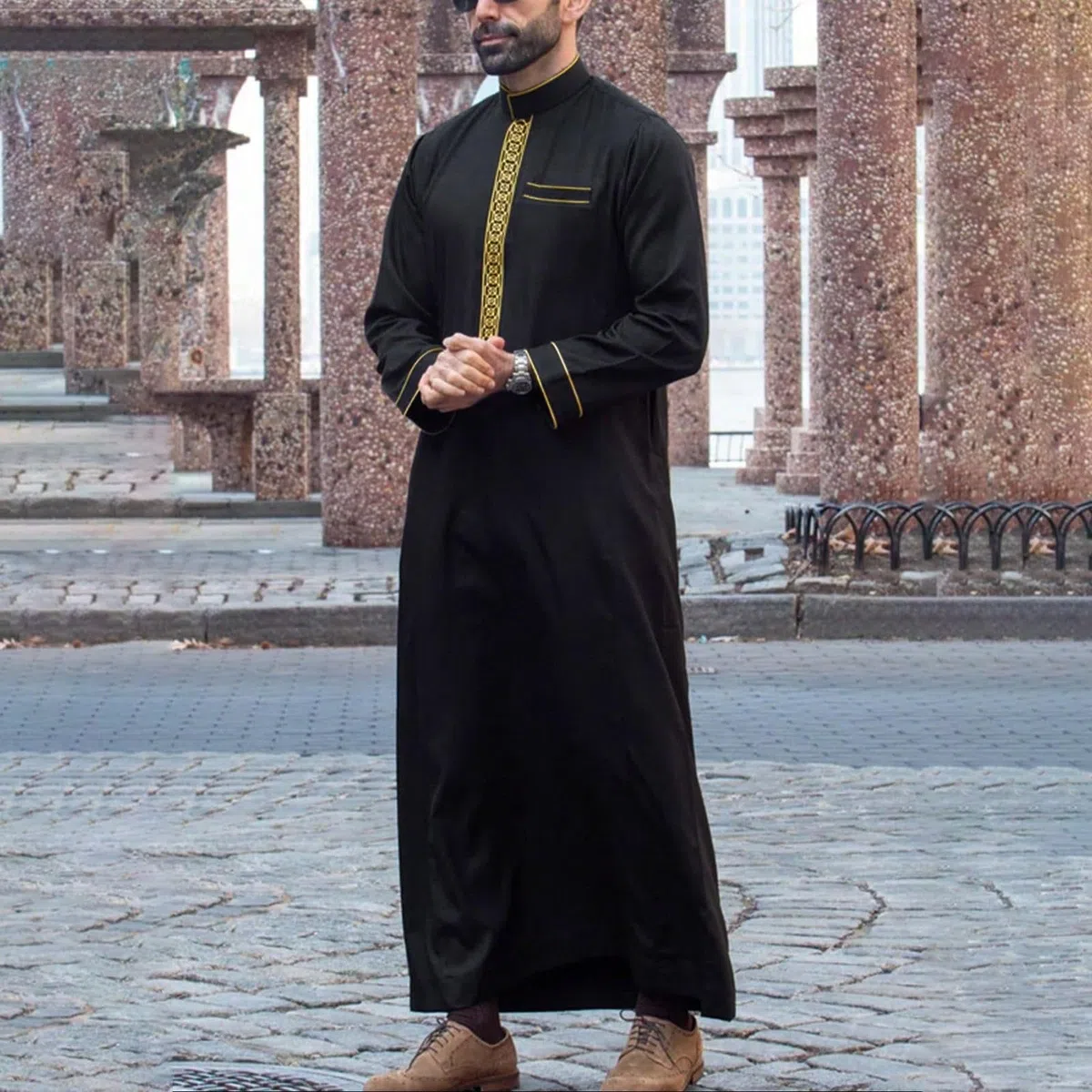 Generico Caftano Uomo Musulmano Abbigliamento Arabo Robe per Male Kaftan Abaya Islamic Thobe Maniche Lunghe Per Gli Uomini
