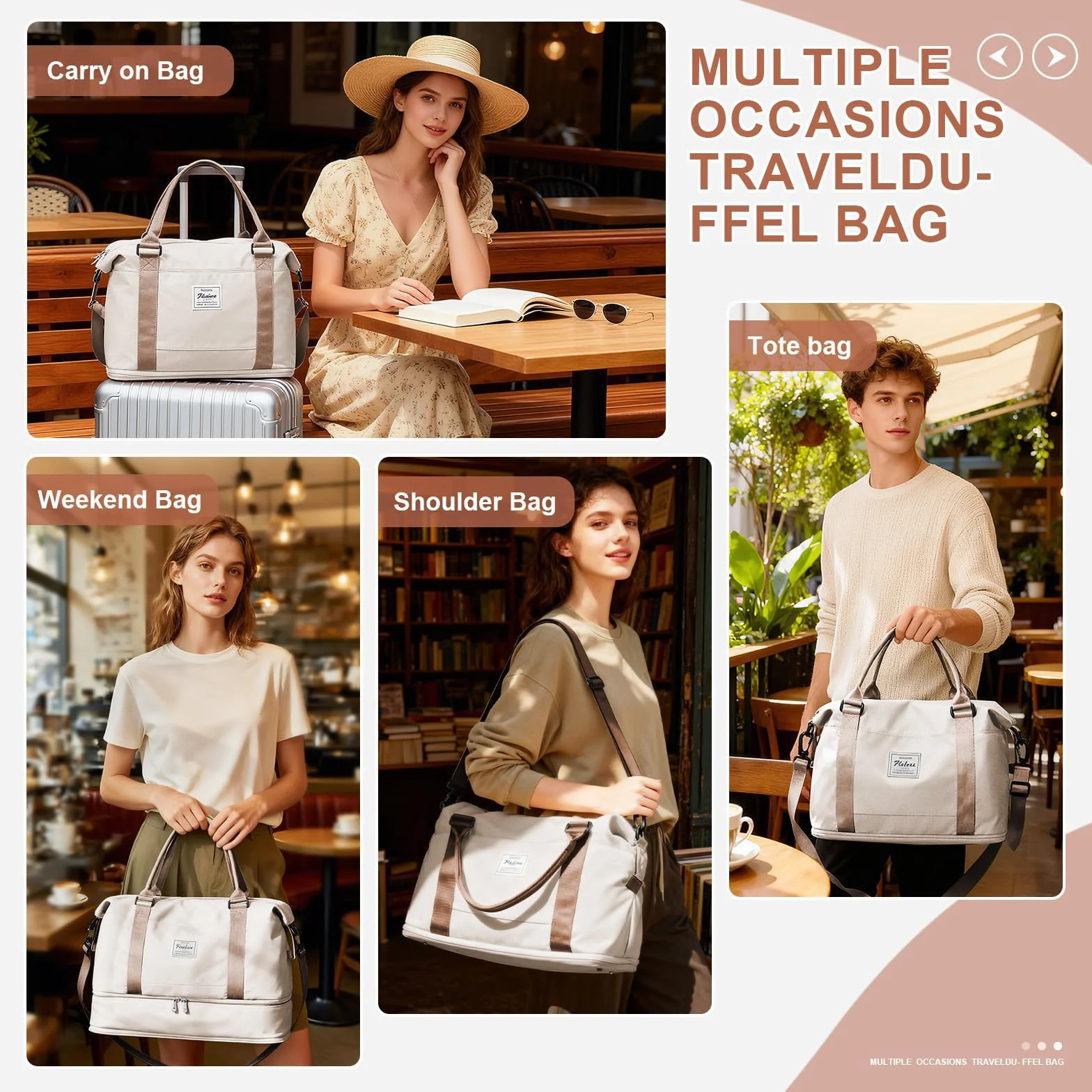 SEAFEW Borsone da Viaggio,Bagaglio a Mano 40x30x20 Ryanair Borsa da Viaggio con Scomparto per le Scarpe,Borsa da Cabina Ryanair Borsa Sportiva Borsone da Palestra da Weekend,D10-Marrone Beige