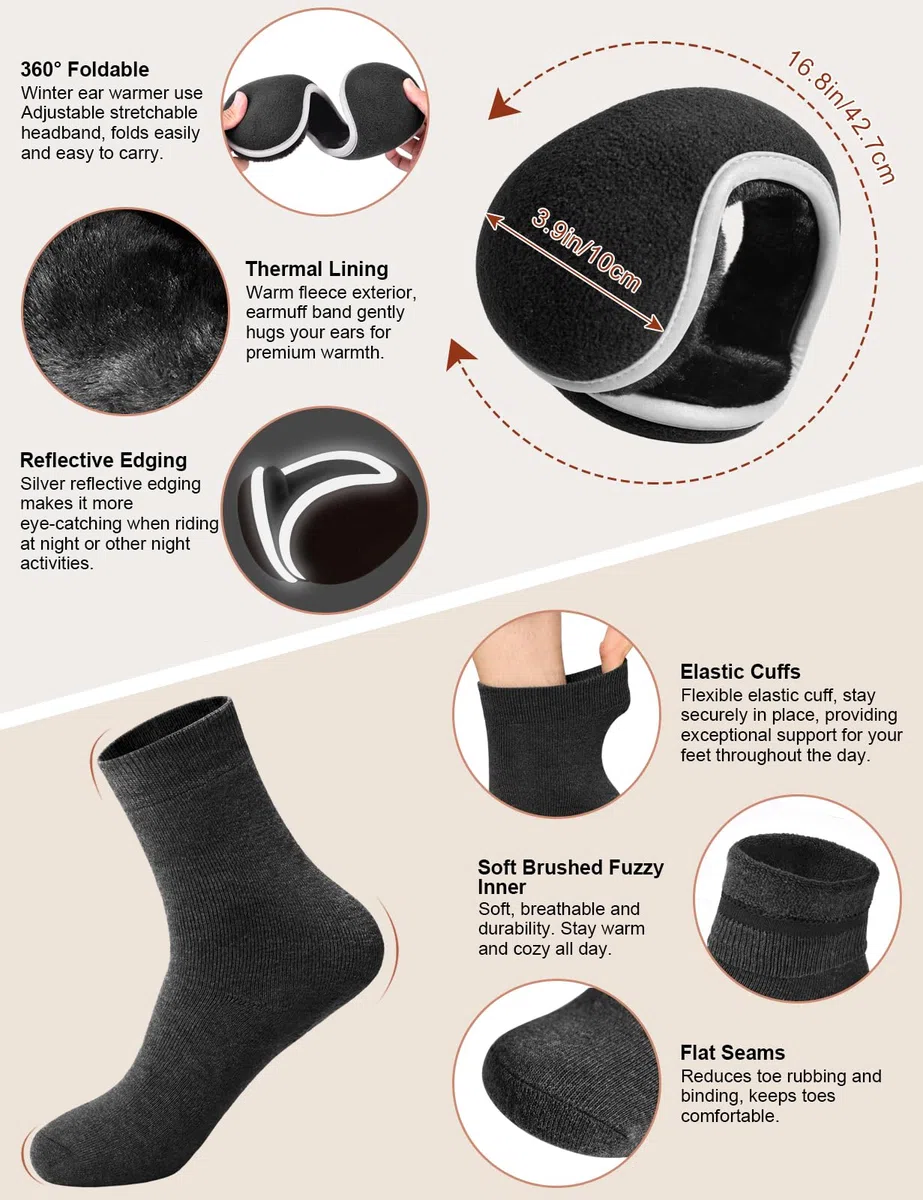 Xnova Cappello Sciarpa e Guanti Touch Screen Uomo con Scaldaorecchie e Calzini Invernale, Morbido Set Scaldacollo Berretto in Maglia 5 Pezzi Unisex, Caldo Cappelli Fodera Pile Invernali (Nero)