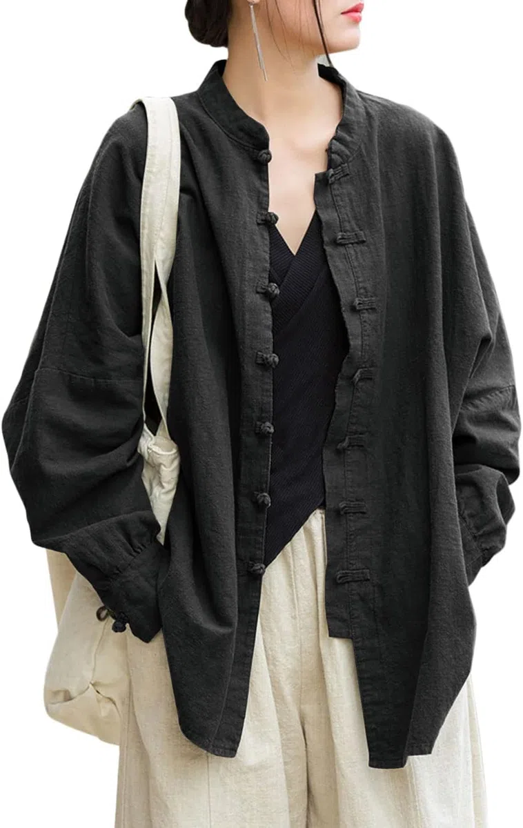 Lazutom Camicia da donna in cotone e lino con bottoni a forma di rana, colletto alla coreana, per arti marziali cinesi, Kung Fu Tai Chi, tunica