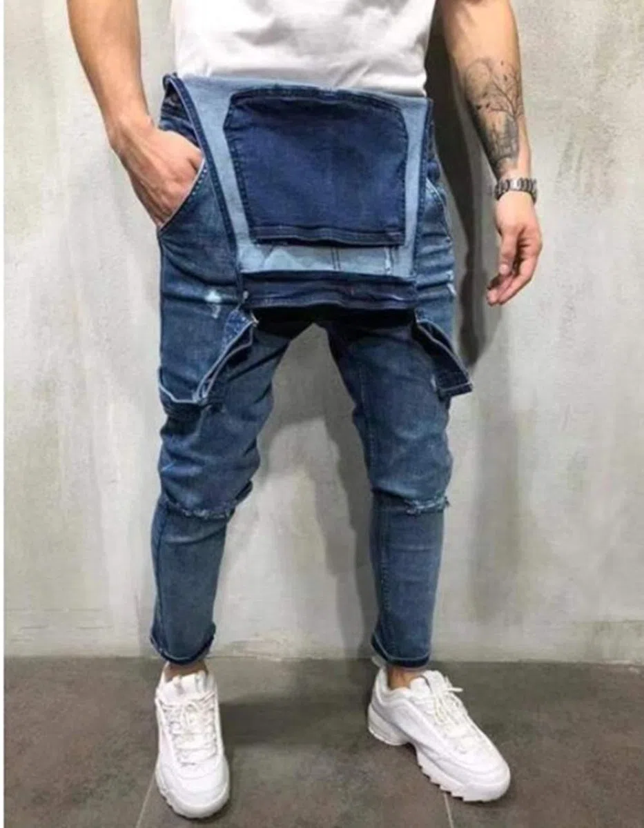 FANSU Salopette da Uomo con Jeans, Tuta di Jeans Strappati Moda Lavaggio Rotto Tasca Pantaloni Reggicalze Pantaloni Casual da Elasticizzato