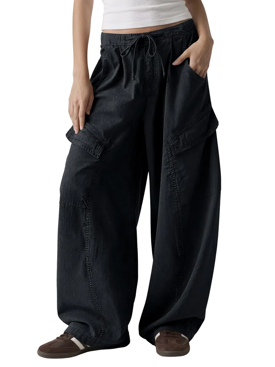 Fisoew Pantaloni da donna Baggy Y2K in vita elasticizzata, pantaloni cargo con coulisse e tasche, casual, larghi pantaloni