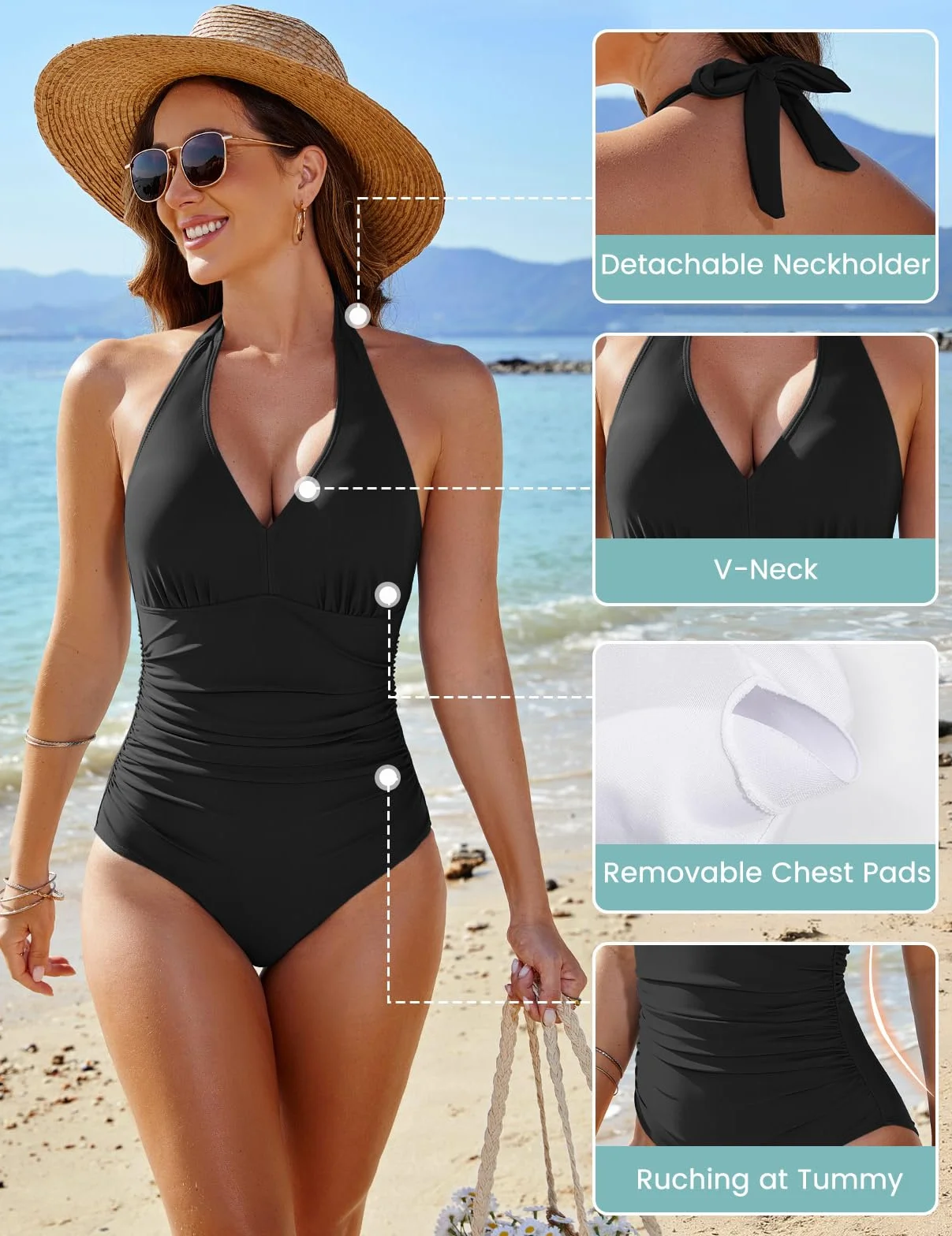 CMTOP Costume Intero Donna Contenitivo Scollo a V Costume da Bagno Push Up Imbottito Reggiseno Costumi Interi Curvy, Controllo della Pancia Vita Alta Costumi Mare Elegante Swimsuit