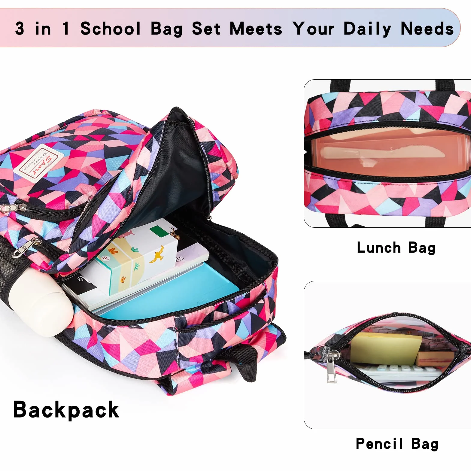 Zaino Scuola Zainetto Bambina Ragazzo per Superiore Media Università, 3 Pezzi School Bag Set Backpack Impermeabile, Grande Capacità Zainetto Ragazza Bambino per Scuola Viaggio