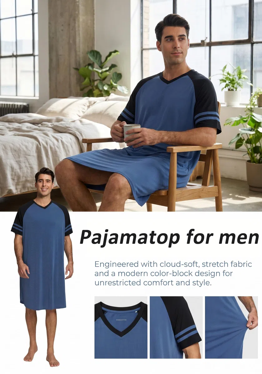 Camicia Notte Uomo Pigiami Estivi Maglia Lunga da Notte Maniche Corte per Estate