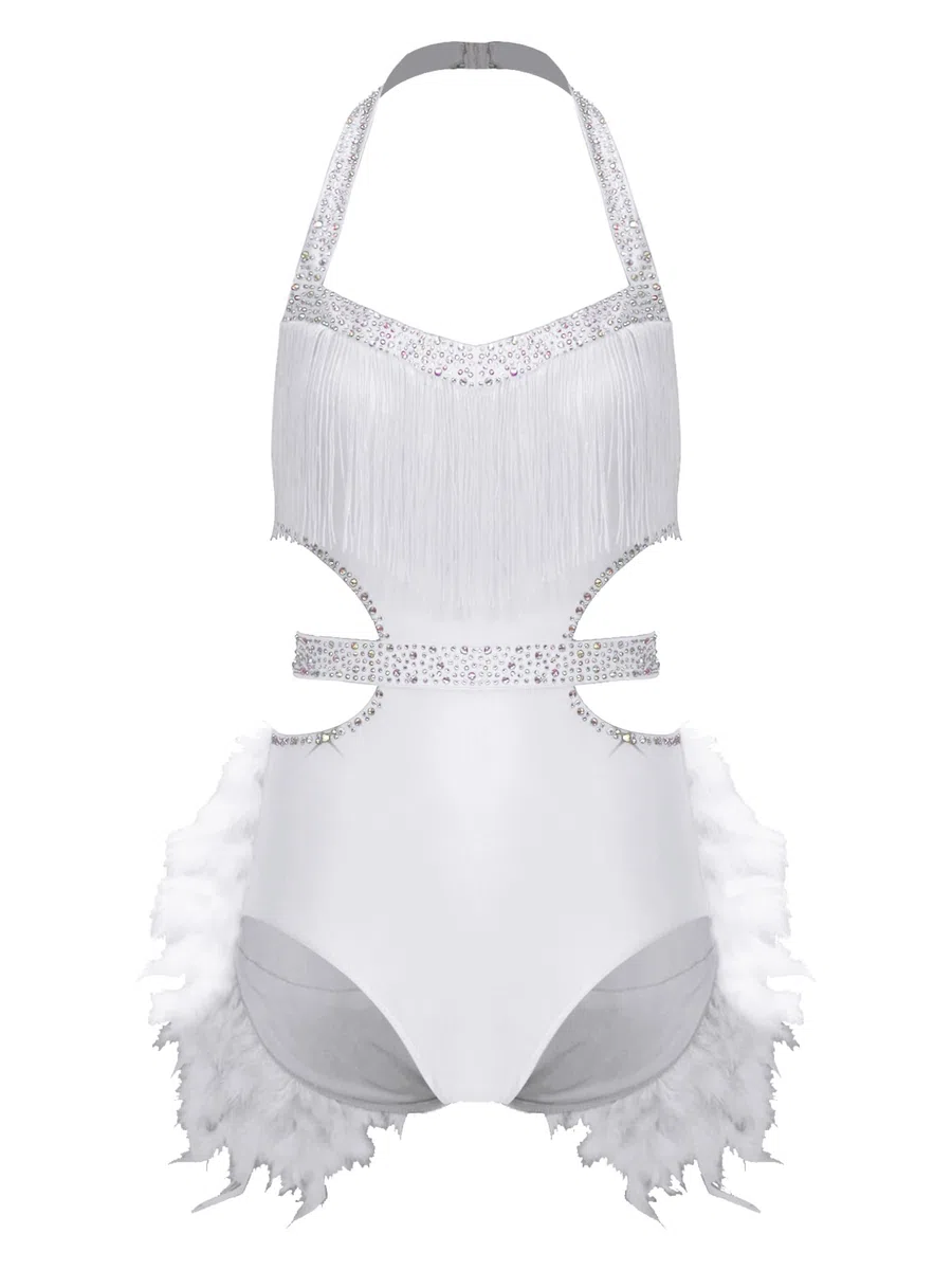 Freebily Abito da Ballo Latino Americano Donna con Piume Vestito Danza Moderna Jazz Collo Halter Body Ginnastica Ritmica con Strass Balletto Leotards Abito da Pattinaggio