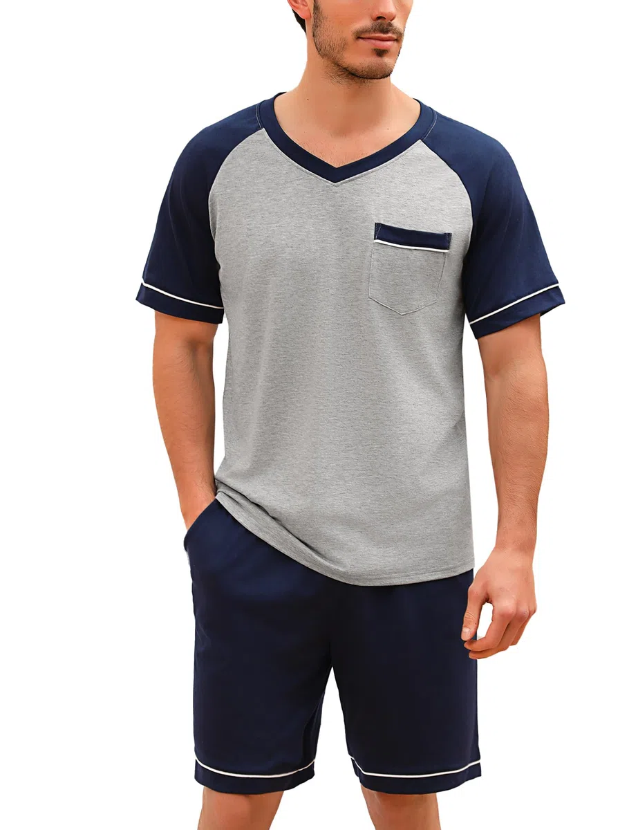 Pigiama Uomo Cotone Corto Estivo Pigiami Due Pezzi Set da Notte Casa Maniche Cort Leggero Scollo a V e Pantaloncini Scozzesi con Tasche