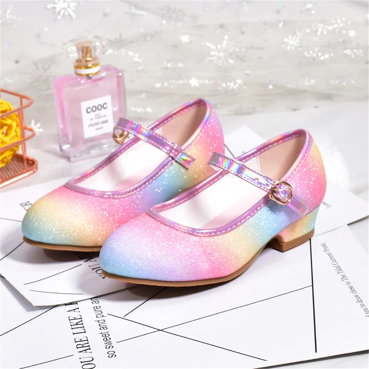 Scarpe Principessa Bambina Scarpe Bimba Tacco Scarpe Arcobaleno Tacchi Ragazza Scarpe Cosplay Principessa con Paillettes Scarpe Eleganti Bambina per Cerimonia Festa