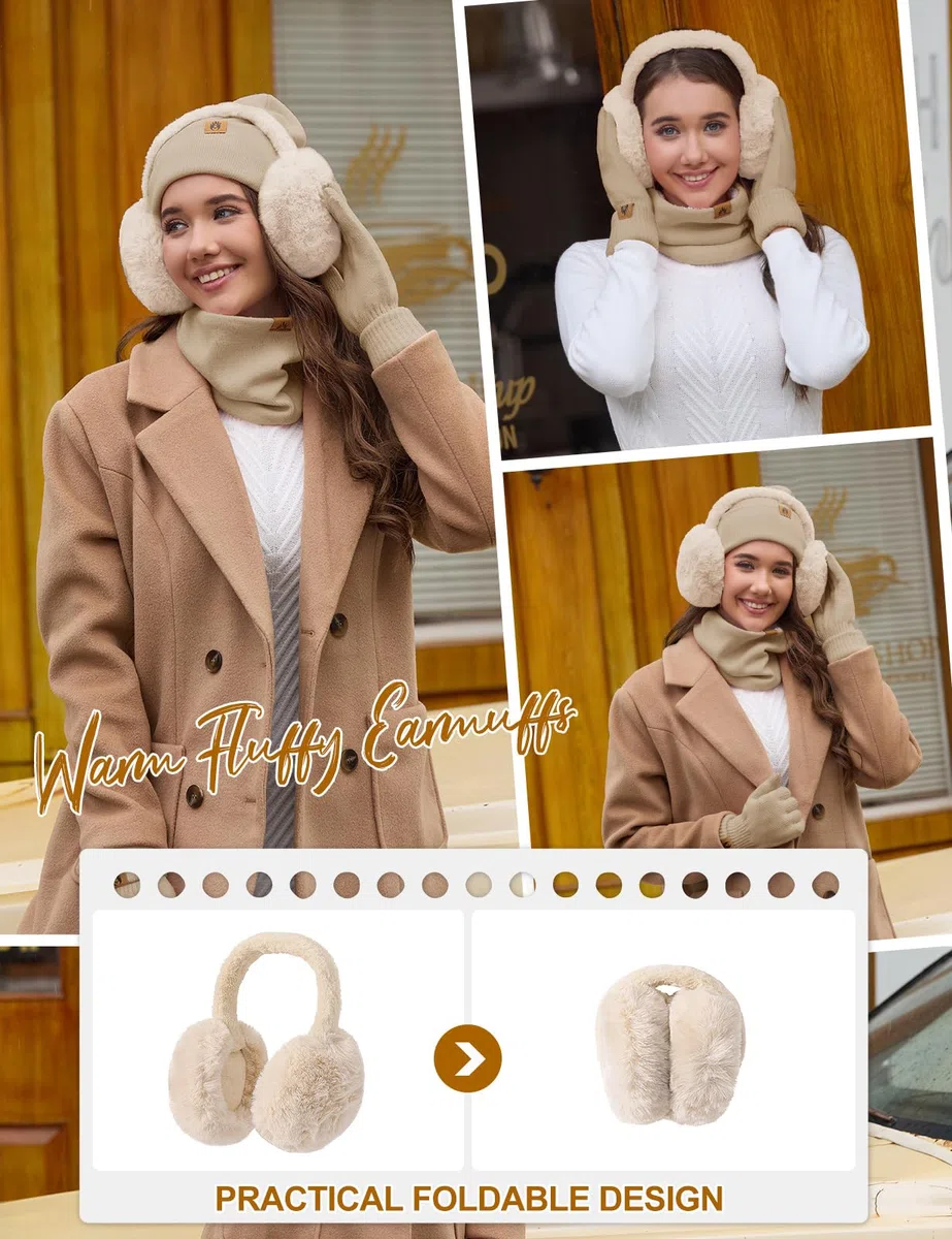 UMIPUBO Cappello e Sciarpa Donna Set Invernali Touch Screen Guanti Paraorecchie Peluche di Calze Caldo Scaldacollo Termico Berretto in Pile Beanie Hat 5 Pezzi Accessori Invernale