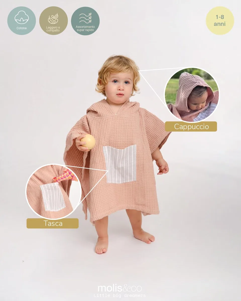 molis&co. Poncho da bagno per bambini 1-2 anni. Stripes. Telo mare con cappuccio. Accappatoio per bambini leggero e compatto. (OEKO-TEX 100).