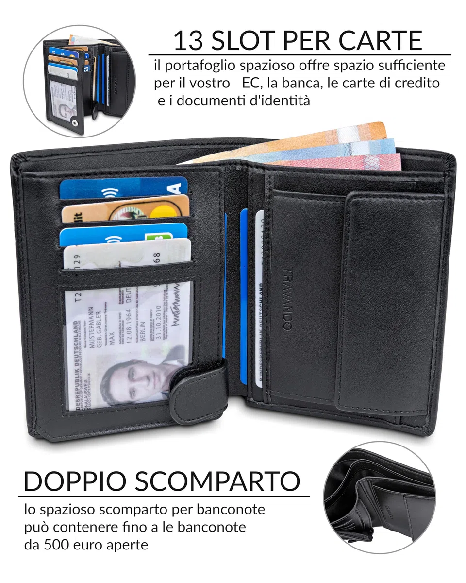 TRAVANDO Portafoglio Uomo Roma con protezione RFID - Porta Carte di Credito con Portamonete in formato Verticale