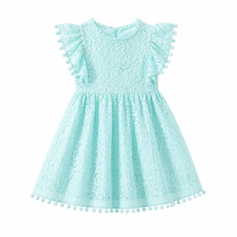 OrJana Vestito da Bambina in Pizzo con Maniche a Balze e Dettagli Pompon